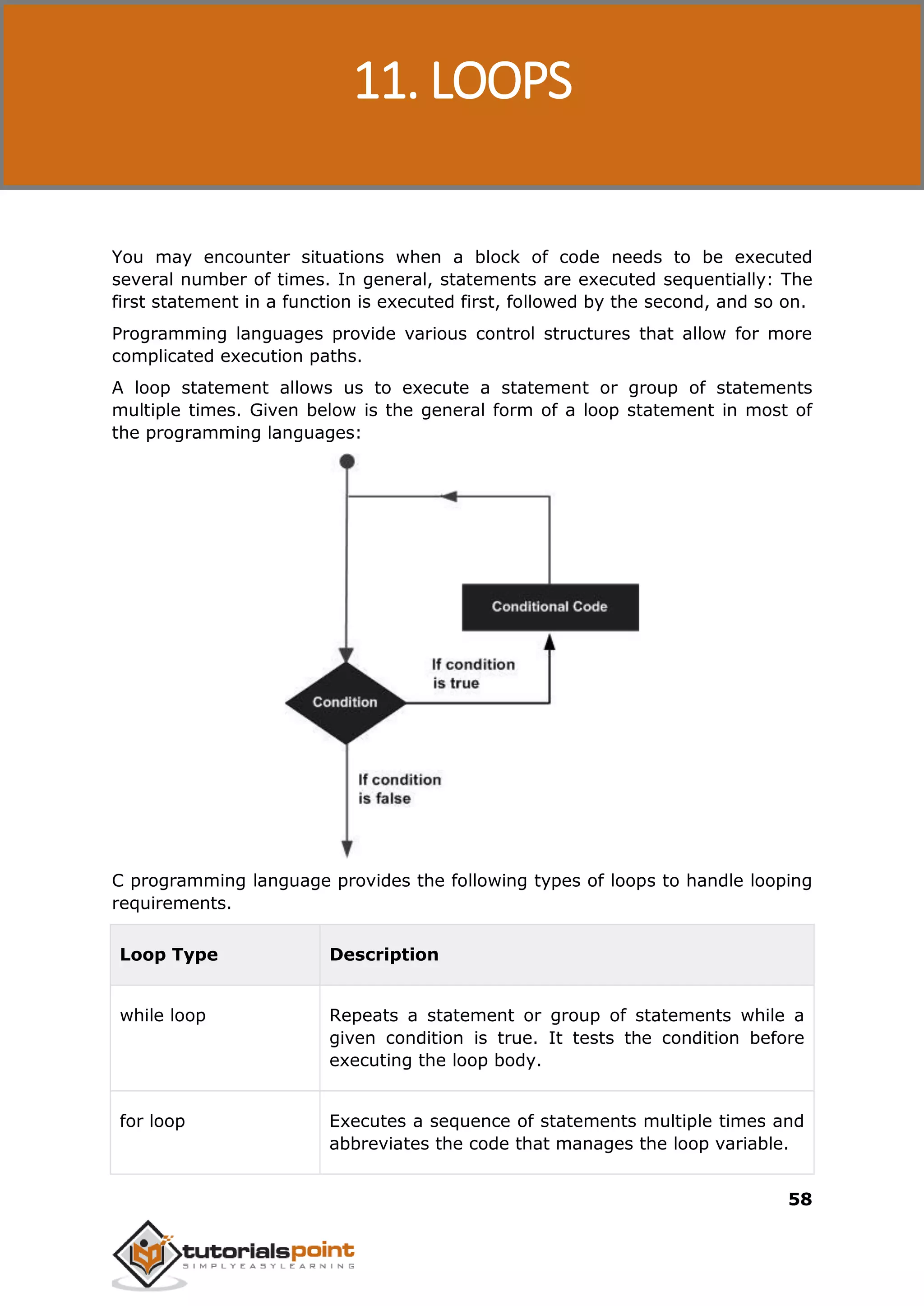 C Programming 58 You may encounter situations when a block of code needs to be executed several number of times. In general, statements are executed sequentially: The first statement in a function is executed first, followed by the second, and so on. Programming languages provide various control structures that allow for more complicated execution paths. A loop statement allows us to execute a statement or group of statements multiple times. Given below is the general form of a loop statement in most of the programming languages: C programming language provides the following types of loops to handle looping requirements. Loop Type Description while loop Repeats a statement or group of statements while a given condition is true. It tests the condition before executing the loop body. for loop Executes a sequence of statements multiple times and abbreviates the code that manages the loop variable. 11. LOOPS 