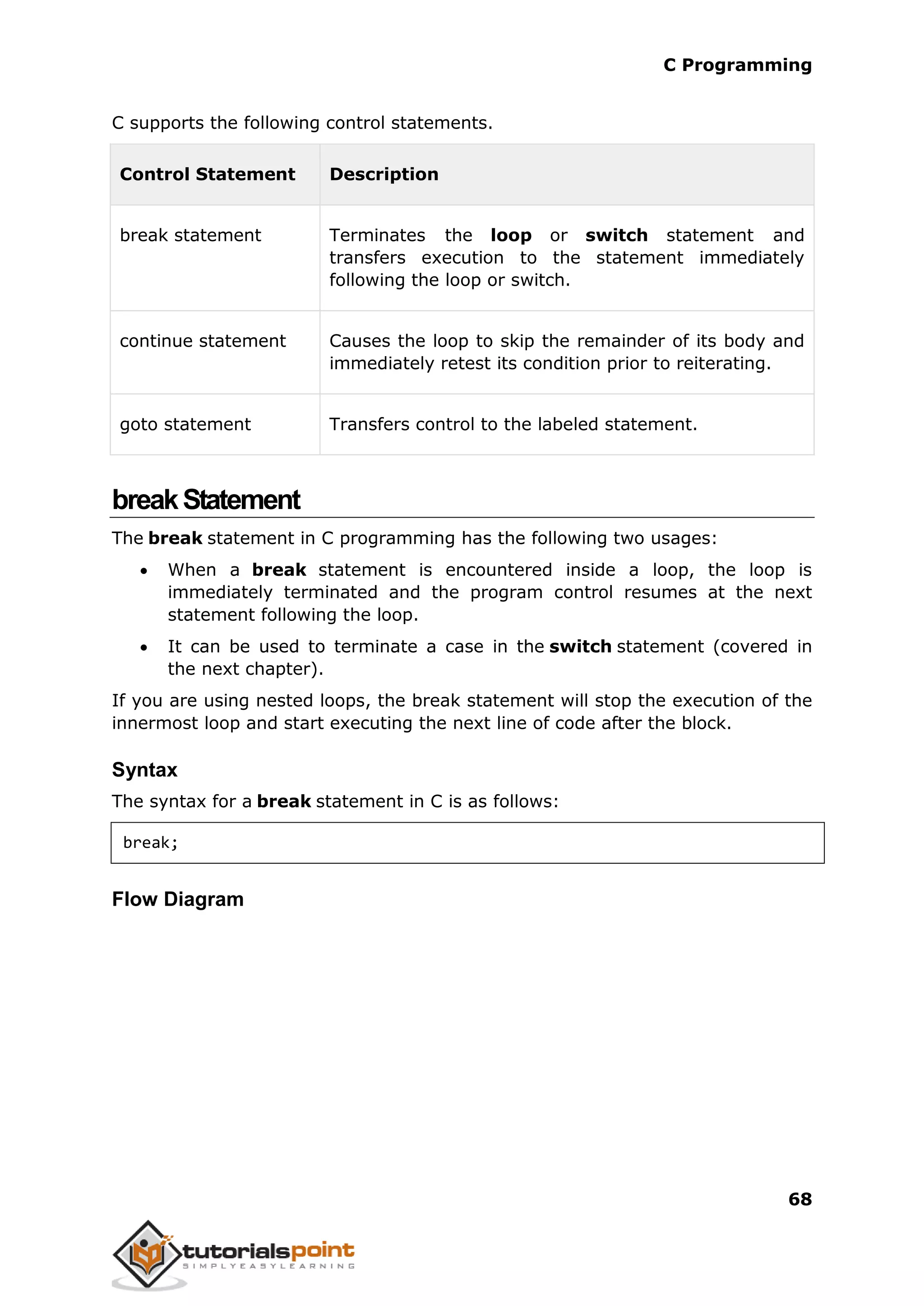 C Programming 68 C supports the following control statements. Control Statement Description break statement Terminates the loop or switch statement and transfers execution to the statement immediately following the loop or switch. continue statement Causes the loop to skip the remainder of its body and immediately retest its condition prior to reiterating. goto statement Transfers control to the labeled statement. breakStatement The break statement in C programming has the following two usages:  When a break statement is encountered inside a loop, the loop is immediately terminated and the program control resumes at the next statement following the loop.  It can be used to terminate a case in the switch statement (covered in the next chapter). If you are using nested loops, the break statement will stop the execution of the innermost loop and start executing the next line of code after the block. Syntax The syntax for a break statement in C is as follows: break; Flow Diagram 