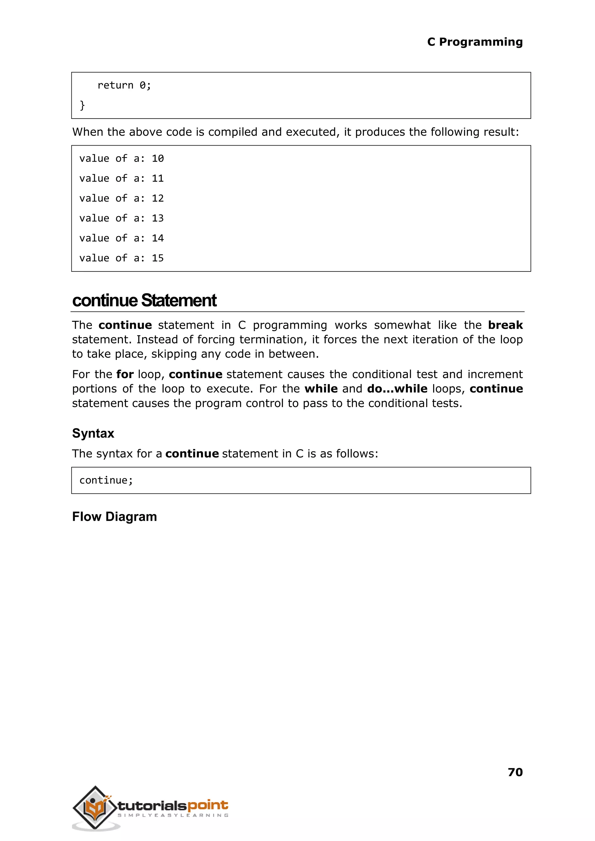 C Programming 70 return 0; } When the above code is compiled and executed, it produces the following result: value of a: 10 value of a: 11 value of a: 12 value of a: 13 value of a: 14 value of a: 15 continueStatement The continue statement in C programming works somewhat like the break statement. Instead of forcing termination, it forces the next iteration of the loop to take place, skipping any code in between. For the for loop, continue statement causes the conditional test and increment portions of the loop to execute. For the while and do...while loops, continue statement causes the program control to pass to the conditional tests. Syntax The syntax for a continue statement in C is as follows: continue; Flow Diagram 