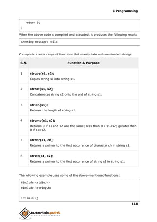 C Programming
118
return 0;
}
When the above code is compiled and executed, it produces the following result:
Greeting message: Hello
C supports a wide range of functions that manipulate null-terminated strings:
S.N. Function & Purpose
1 strcpy(s1, s2);
Copies string s2 into string s1.
2 strcat(s1, s2);
Concatenates string s2 onto the end of string s1.
3 strlen(s1);
Returns the length of string s1.
4 strcmp(s1, s2);
Returns 0 if s1 and s2 are the same; less than 0 if s1<s2; greater than
0 if s1>s2.
5 strchr(s1, ch);
Returns a pointer to the first occurrence of character ch in string s1.
6 strstr(s1, s2);
Returns a pointer to the first occurrence of string s2 in string s1.
The following example uses some of the above-mentioned functions:
#include <stdio.h>
#include <string.h>
int main ()
 