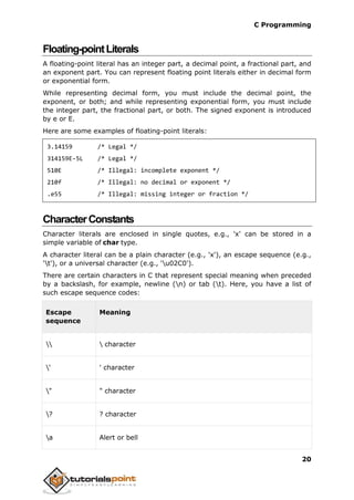 C Programming
20
Floating-pointLiterals
A floating-point literal has an integer part, a decimal point, a fractional part, and
an exponent part. You can represent floating point literals either in decimal form
or exponential form.
While representing decimal form, you must include the decimal point, the
exponent, or both; and while representing exponential form, you must include
the integer part, the fractional part, or both. The signed exponent is introduced
by e or E.
Here are some examples of floating-point literals:
3.14159 /* Legal */
314159E-5L /* Legal */
510E /* Illegal: incomplete exponent */
210f /* Illegal: no decimal or exponent */
.e55 /* Illegal: missing integer or fraction */
CharacterConstants
Character literals are enclosed in single quotes, e.g., 'x' can be stored in a
simple variable of char type.
A character literal can be a plain character (e.g., 'x'), an escape sequence (e.g.,
't'), or a universal character (e.g., 'u02C0').
There are certain characters in C that represent special meaning when preceded
by a backslash, for example, newline (n) or tab (t). Here, you have a list of
such escape sequence codes:
Escape
sequence
Meaning
  character
' ' character
" " character
? ? character
a Alert or bell
 