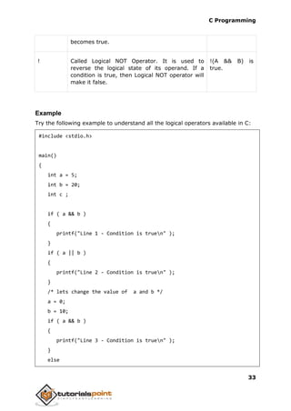 C Programming
33
becomes true.
! Called Logical NOT Operator. It is used to
reverse the logical state of its operand. If a
condition is true, then Logical NOT operator will
make it false.
!(A && B) is
true.
Example
Try the following example to understand all the logical operators available in C:
#include <stdio.h>
main()
{
int a = 5;
int b = 20;
int c ;
if ( a && b )
{
printf("Line 1 - Condition is truen" );
}
if ( a || b )
{
printf("Line 2 - Condition is truen" );
}
/* lets change the value of a and b */
a = 0;
b = 10;
if ( a && b )
{
printf("Line 3 - Condition is truen" );
}
else
 