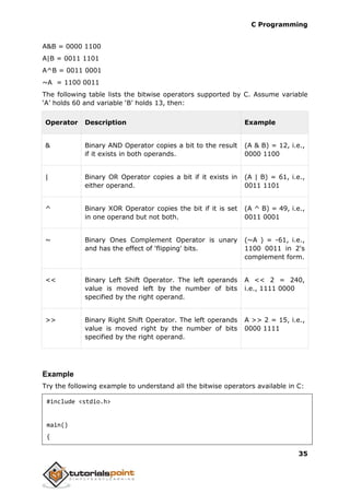 C Programming
35
A&B = 0000 1100
A|B = 0011 1101
A^B = 0011 0001
~A = 1100 0011
The following table lists the bitwise operators supported by C. Assume variable
‘A’ holds 60 and variable ‘B’ holds 13, then:
Operator Description Example
& Binary AND Operator copies a bit to the result
if it exists in both operands.
(A & B) = 12, i.e.,
0000 1100
| Binary OR Operator copies a bit if it exists in
either operand.
(A | B) = 61, i.e.,
0011 1101
^ Binary XOR Operator copies the bit if it is set
in one operand but not both.
(A ^ B) = 49, i.e.,
0011 0001
~ Binary Ones Complement Operator is unary
and has the effect of 'flipping' bits.
(~A ) = -61, i.e.,
1100 0011 in 2's
complement form.
<< Binary Left Shift Operator. The left operands
value is moved left by the number of bits
specified by the right operand.
A << 2 = 240,
i.e., 1111 0000
>> Binary Right Shift Operator. The left operands
value is moved right by the number of bits
specified by the right operand.
A >> 2 = 15, i.e.,
0000 1111
Example
Try the following example to understand all the bitwise operators available in C:
#include <stdio.h>
main()
{
 