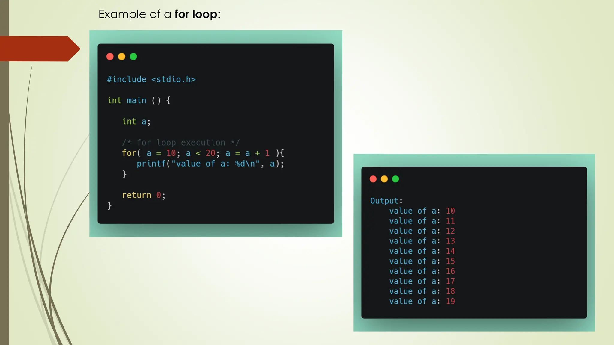 Example of a for loop: 