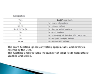 The scanf function ignores any blank spaces, tabs, and newlines
entered by the user.
The function simply returns the number of input fields successfully
scanned and stored.
 