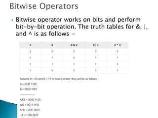  Bitwise operator works on bits and perform
bit-by-bit operation. The truth tables for &, |,
and ^ is as follows −
 