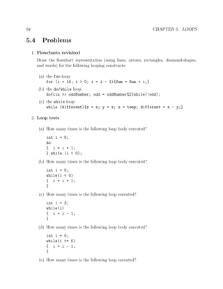94 CHAPTER 5. LOOPS
5.4 Problems
1. Flowcharts revisited
Draw the ﬂowchart representation (using lines, arrows, rectangles, diamond-shapes,
and words) for the following looping constructs:
(a) the for-loop:
for (i = 10; i > 0; i = i - 1){Sum = Sum + i;}
(b) the do/while loop:
do{cin >> oddNumber; odd = oddNumber%2}while(!odd);
(c) the while loop:
while (different){z = x; y = x; x = temp; different = x - y;}
2. Loop tests
(a) How many times is the following loop body executed?
int i = 0;
do
{ i = i + 1;
} while (i < 0);
(b) How many times is the following loop body executed?
int i = 0;
while(i < 0)
{ i = i + 1;
}
(c) How many times is the following loop executed?
int i = 3;
while(i)
{ i = i - 1;
}
(d) How many times is the following loop body executed?
int i = 0;
while(i <= 0)
{ i = i - 1;
}
(e) How many times is the following loop executed?
 