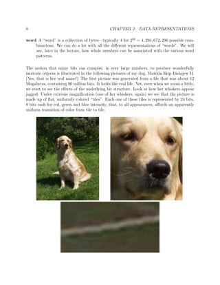 8 CHAPTER 2. DATA REPRESENTATIONS
word A “word” is a collection of bytes—typically 4 for 232
= 4, 294, 672, 296 possible com-
binations. We can do a lot with all the diﬀerent representations of “words”. We will
see, later in the lecture, how whole numbers can be associated with the various word
patterns.
The notion that many bits can conspire, in very large numbers, to produce wonderfully
intricate objects is illustrated in the following pictures of my dog, Matilda Skip Bielajew II.
(Yes, that is her real name!) The ﬁrst picture was generated from a ﬁle that was about 12
Megabytes, containing 96 million bits. It looks like real life. Yet, even when we zoom a little,
we start to see the eﬀects of the underlying bit structure. Look at how her whiskers appear
jagged. Under extreme magniﬁcation (one of her whiskers, again) we see that the picture is
made up of ﬂat, uniformly colored “tiles”. Each one of these tiles is represented by 24 bits,
8 bits each for red, green and blue intensity, that, to all appearances, aﬀords an apparently
uniform transition of color from tile to tile.
 