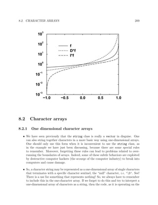 8.2. CHARACTER ARRAYS 209
−1.0 −0.5 0.0 0.5 1.0
10
−3
10
−2
10
−1
10
0
10
1
10
2
10
3
f
D*f
I*f
8.2 Character arrays
8.2.1 One dimensional character arrays
• We have seen previously that the string class is really a vector in disguise. One
can also string together characters in a more basic way using one-dimensional arrays.
One should only use this form when it is inconvenient to use the string class, as
in the example we have just been discussing, because there are some special rules
to remember. Moreover, forgetting these rules can lead to problems related to over-
running the boundaries of arrays. Indeed, some of these subtle behaviors are exploited
by destructive computer hackers (the scourge of the computer industry) to break into
computers and cause damage.
• So, a character string may be represented as a one-dimensional array of single characters
that terminates with a speciﬁc character sentinel, the “null” character, i.e. ’0’. See!
There is a use for something that represents nothing! So, we always have to remember
to include this in the one-character array. If we forget to do this and try to interpret a
one-dimensional array of characters as a string, then the code, as it is operating on the
 