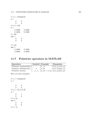 11.7. POINTWISE OPERATORS IN MATLAB 285
>> a = 2*ones(2)
a =
2 2
2 2
>> b = a/4
b =
0.5000 0.5000
0.5000 0.5000
>> a*b
ans =
2 2
2 2
>> a+b
ans =
2.5000 2.5000
2.5000 2.5000
11.7 Pointwise operators in MATLAB
Operation Symbol Example Expansion
Pointwise exponentiation .^ x.^y x(i,j)^y(i,j)
Pointwise multiplication .* x.*y x(i,j)*y(i,j)
Pointwise division ./,. y./x = x.y x(i,j)/y(i,j)
Here are some examples:
>> x = 2*ones(2)
x =
2 2
2 2
>> y = [0,1;2,3]
y =
0 1
2 3
>> x.*y
ans =
0 2
4 6
>> x.^y
 