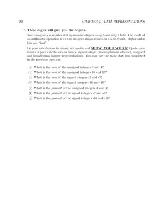 20 CHAPTER 2. DATA REPRESENTATIONS
7. These digits will give you the ﬁdgets.
Your imaginary computer still represents integers using 5 and only 5 bits! The result of
an arithmetic operation with two integers always results in a 5-bit result. Higher-order
bits are “lost”.
Do your calculations in binary arithmetic and SHOW YOUR WORK! Quote your
results of your calculations in binary, signed integer (2s-complement scheme), unsigned
and hexadecimal integer representations. You may use the table that you completed
in the previous question.
(a) What is the sum of the unsigned integers 3 and 4?
(b) What is the sum of the unsigned integers 16 and 17?
(c) What is the sum of the signed integers -2 and -3?
(d) What is the sum of the signed integers -16 and -16?
(e) What is the product of the unsigned integers 3 and 4?
(f) What is the product of the signed integers -2 and -3?
(g) What is the product of the signed integers -16 and -16?
 