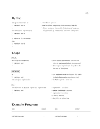 415
If/Else
if(logical expression 1) • else if’s are optional
{ STATEMENT BODY 1 • else is optional independent of the existence of else if’s
} • If there is only one statement in the statement body, you
else if(logical expression 2) may ignore the {}, but for clarity it is better to keep them
{ STATEMENT BODY 2
}
// more else if’s if needed
else
{ STATEMENT BODY N
}
Loops
While
while(logical expression) • If the logical expression is False the ﬁrst
{ STATEMENT BODY time, the statement body is never executed
} • If the logical expression is always True, then
you have an inﬁnite loop
Do/While
do • The statement body is evaluated once before
{ STATEMENT BODY the logical expression is evaluated at all
}while(logical expression); • Do NOT forget the ; at the end
For
for(expression 1; logical expression; expression2) • expression 1 is optional
{ STATEMENT BODY • logical expression is optional
} • expression 2 is optional
• ;; are not optional
• for(;;){} is an inﬁnite loop
Example Programs
CODE OUTPUT CODE OUTPUT
#include<iostream> 1 #include<iostream> 1
 