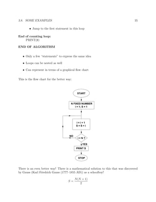 3.8. SOME EXAMPLES 35
• Jump to the ﬁrst statement in this loop
End of counting loop:
PRINT(S)
END OF ALGORITHM
• Only a few “statements” to express the same idea
• Loops can be nested as well
• Can represent in terms of a graphical ﬂow chart
This is the ﬂow chart for the better way:
START
N FIXED NUMBER
i = 1; S = 1
i = i + 1
S = S + i
i = N ?
PRINT S
YES
NO
STOP
There is an even better way! There is a mathematical solution to this that was discovered
by Gauss (Karl Friedrich Gauss (1777–1855 AD)) as a schoolboy!
S =
N(N + 1)
2
 