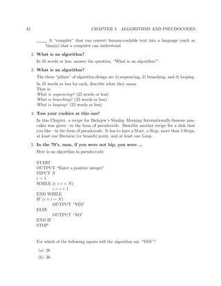 42 CHAPTER 3. ALGORITHMS AND PSEUDOCODES
A “compiler” that can convert human-readable text into a language (such as
binary) that a computer can understand
2. What is an algorithm?
In 35 words or less, answer the question, “What is an algorithm?”.
3. What is an algorithm?
The three “pillars” of algorithm design are 1) sequencing, 2) branching, and 3) looping.
In 25 words or less for each, describe what they mean.
That is:
What is sequencing? (25 words or less)
What is branching? (25 words or less)
What is looping? (25 words or less)
4. Toss your cookies at this one!
In this Chapter, a recipe for Bielajew’s Sunday Morning Internationally-famous pan-
cakes was given—in the form of pseudocode. Describe another recipe for a dish that
you like—in the form of pseudocode. It has to have a Start, a Stop, more than 5 Steps,
at least one Decision (or branch) point, and at least one Loop.
5. In the 70’s, man, if you were not hip, you were ...
Here is an algorithm in pseudo-code:
START
OUTPUT “Enter a positive integer”
INPUT N
i = 1
WHILE (i × i < N)
i = i + 1
END WHILE
IF (i × i = N)
OUTPUT “YES”
ELSE
OUTPUT “NO”
END IF
STOP
For which of the following inputs will the algorithm say “YES”?
(a) 28
(b) 36
 