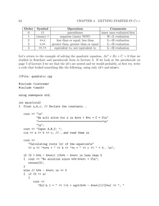 64 CHAPTER 4. GETTING STARTED IN C++
Order Symbol Operation Comments
0 () parentheses inner ones evaluated ﬁrst
1 (unary) ! negation (unary NOT) R→L evaluation
2 <=,< less than or equal, less than L→R evaluation
2 >,>= greater than, greater than or equal L→R evaluation
3 ==,!= equivalent to, not equivalent to L→R evaluation
Let’s return to the example of solving the quadratic equation, Ax2
+ Bx + C = 0 that we
studied in ﬂowchart and pseudocode form in Lecture 3. If we look at the pseudocode on
page 7 of Lecture 3 we see that the if’s are nested and we would probably, at ﬁrst try, write
a code that looked something like the following, using only if’s and else’s:
//File: quadratic.cpp
#include <iostream>
#include <cmath>
using namespace std;
int main(void)
{ float a,b,c; // Declare the constants...
cout << "n"
"We will solve for x in Ax*x + B*x + C = 0n"
"=========================================n"
"n";
cout << "Input A,B,C: ";
cin >> a >> b >> c; //...and read them in
cout <<
"Calculating roots (x) of the equationn"
<< a << "*x*x + " << b << "*x + " << c << " = 0...n";
if (0 > b*b - 4*a*c) //b*b - 4*a*c is less than 0
{ cout << "No solution since b*b-4*a*c < 0n";
return(0);
}
else // b*b - 4*a*c is >= 0
{ if (0 != a)
{
cout <<
"Sol’n 1 = " << (-b + sqrt(b*b - 4*a*c))/(2*a) << ", "
 