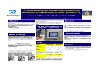 The effects of bed height and time on the quality of chest compressions (and
                                                  resultant intrathoracic pressures) during Cardio Pulmonary Resuscitation (CPR).

                                                                     Dr Asher Lewinsohn, BSc, MB BS (Hons), Dr Peter Sherren MB BS, Dr Dhuleep Sanjay Wijayatilake, BSc, MB BS, FRCA

                                                                                               Department of Anaesthesia & Intensive Care Medicine, Queens Hospital, Essex, England.
                                                                                                                                                           Hospital,

                                                                                                ß The intra thoracic pressures generated were detected by the ventilator, and used as an
  Introduction                                                                                  indication of the effectiveness of CPR.                                                          Conclusions
  Sudden cardiac arrest is a leading cause of death in Europe, affecting about 700,000          ß In the second part of the study, subjects were asked to perform CPR for a total of 2
                                                                                                                                                                                                ß There is now a significant growing evidence base which indicates that there is an
individuals every year1.                                                                        minutes. The intra thoracic pressures generated at 30 seconds and 2 minutes were
                                                                                                                                                                                                optimal bed height for effective CPR.
  Although current guidelines on effective CPR try to take most factors into account, a         recorded.
lack of a comprehensive evidence base means that most guidelines are still based                                                                                                                ß Our results suggest that this height is with the top of the bed in line with the operators
mainly on expert opinion2.                                                                        Fig 4 Setup of ALS Resus manikin and                                                          knee.
The objectives of this study were to:
                                                                                                      Drager Evita series 4 ventilator.                                                         ß This would have the patient s chest approximately in line with the operator s mid-thigh.
1. Investigate if there is a difference in effectiveness of chest compression at different                                                                                                      ß The second part of our study suggests that CPR would be more effective if the person
bed heights relative to the person performing chest compressions.                                                                                                                               performing it changed every 2 minutes (1 cycle of the ALS protocol) .
2. Investigate if fatigue occurs when performing chest compressions, and its effect on                                                                                                          ß This simple change can easily be achieved by a team approach.
intra thoracic pressures generated.

                                                                                                                                                                                                 Limitations of Study
  Materials and Methods
                                                                                                                                                                                                ß Our study used a manikin model to simulate the human chest wall cavity and we
ß Due to ethical constraints in obtaining consent for patients having CPR, it was decided                                                                                                       understand that this may not exactly mirror the pressures generated during CPR in a live
to use a manikin model (Laerdal ALS) to provide comparability and reproducibility.                                                                                                              subject.

ß Participants were randomly selected from a range of various specialities including                                                                                                            ß We decided not to use a cadaveric model because, after death, the elastic recoil of the
paramedics, doctors, nurses and support staff, following institutional ethics board                                                                                                             chest wall cavity is lost.
approval.
                                                                                                                                                                                                ß In the future, it would be interesting to repeat the study using human subjects, but
ß Exclusion criterion:     1. No previous Basic Life Support training in past 1 year.
                           2. Refused verbal consent to take part in study.
                                                                                                  Results                                                                                       obtaining consent (which will likely be retrospective) will of course be difficult.


ß The standard lungs of the Laerdal manikin were replaced with a set of lungs from the
resus annie series. This allowed direct intubation and a limit on the number of
                                                                                                Bed Height                        Mean Pmax at 30 seconds            Standard Deviation
                                                                                                                                                                                                  References
                                                                                                1) Xiphisternal area                        15.36 *                         2.52
connecting parts in the system.                                                                                                                                                                 1. Sans S, Kesteloot H, Kromhout D. The burden of cardiovascular diseases mortality in Europe.
                                                                                                                                                                                                   Task Force of the European Society of Cardiology on Cardiovascular Mortality and Morbidity
ß A size 9 portex endo tracheal tube was used to intubate the manikin, and the cuff was         2) ASIS                                     17.69 *                         2.91                   Statistics in Europe. Eur Heart J 1997;18:1231-48.
inflated with 10ml of air. This was connected to a Dragor series Evita 4 Ventilator.
                                                                                                                                                                                                2. International Liaison Committee on Resuscitation. International Consensus on
                                                                                                3) Mid Thigh                                18.89 *                         2.80
ß Ventilation was set to a tidal volume of 500ml, a rate of 10bpm and an inspiratory time                                                                                                          cardiopulmonary resuscitation and emergency cardiovascular science with treatment
of 1.7 seconds with no PEEP applied (as per ALS protocols). FiO2=30%.                                                                                                                              recommendations. Part 2. Adult basic life support. Resuscitation 2005; 67: 187-201
                                                                                                Table 1 : Effects of bed height position on intrathoracic pressure generated after 30
ß The manikin was placed on a standard hospital recovery trolley, and CPR was                   seconds of CPR. N=100. * signifies statistical significance. (by way of ANOVA variance
performed for 2 minutes at 3 different bed heights relative to the subjects before              testing, p < 0.01.)
recording data: 1) Xiphisternal area (Fig 1), 2) ASIS (Anterior Superior Iliac Spine (Fig2),                                           30 seconds CPR                 2 minutes CPR
3) Mid Thigh (Fig 3). Between each set of readings, a 2 minute rest period was given.

                                                                                                Pmax Mean                                   17.52*                         14.5 *


                                                                                                Table 2: Mean intrathoracic pressures generated during CPR at 30 seconds as compared
                                                                                                to 2 minutes. * signifies statistical significance. (by way of a one-tailed paired student t-
                                                                                                test, p < 0.01.)
       Fig 1.                               Fig 2.                                Fig3.
 