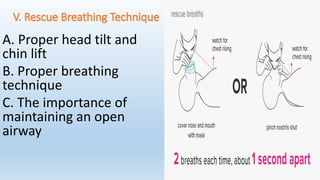 A. Proper head tilt and
chin lift
B. Proper breathing
technique
C. The importance of
maintaining an open
airway
 