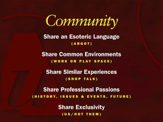 Community
      Share an Esoteric Language
                       (Argot)


     Share Common Environments
           ( W o r k o r P l Ay S PA c e )


        Share Similar Experiences
                   (ShoP tAlk)


      Share Professional Passions
( h i S t o r y, i S S u e S & e v e n t S , F u t u r e )


               Share Exclusivity
                 (uS/not them)
 