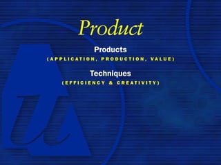 Product
           Products
(APPlicAtion, ProDuction, vAlue)


          Techniques
   (eFFiciency & creAtivity)
 
