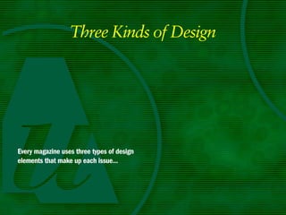 Three Kinds of Design




Every magazine uses three types of design
elements that make up each issue...
 