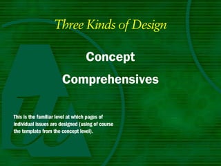 Three Kinds of Design

                                  Concept
                      Comprehensives

This is the familiar level at which pages of
individual issues are designed (using of course
the template from the concept level).
 