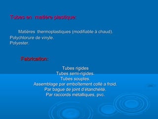 Tubes en matière plastique:Tubes en matière plastique:
MatièresMatières thermoplastiques (modifiable à chaud).thermoplastiques (modifiable à chaud).
Polychlorure de vinyle.Polychlorure de vinyle.
Polyester.Polyester.
Tubes rigidesTubes rigides
Tubes semi-rigides.Tubes semi-rigides.
Tubes souples.Tubes souples.
Assemblage par emboîtement collé a froid.Assemblage par emboîtement collé a froid.
Par bague de joint d’étanchéité.Par bague de joint d’étanchéité.
Par raccords métalliques, pvc.Par raccords métalliques, pvc.
Fabrication:Fabrication:
 