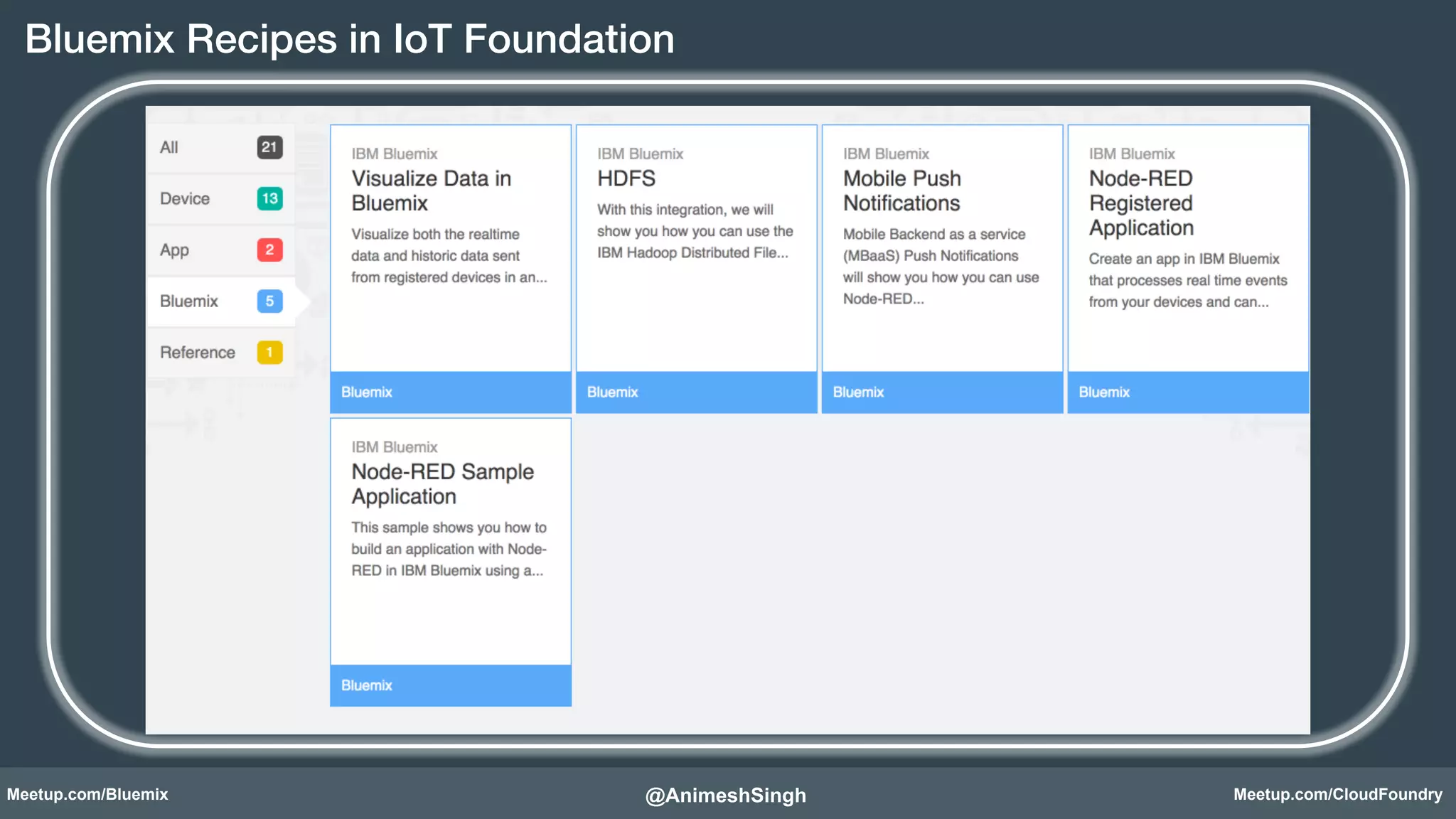 Bluemix Recipes in IoT Foundation! 
@AnimeshSingh! 
Meetup.com/Bluemix Meetup.com/CloudFoundry 
 