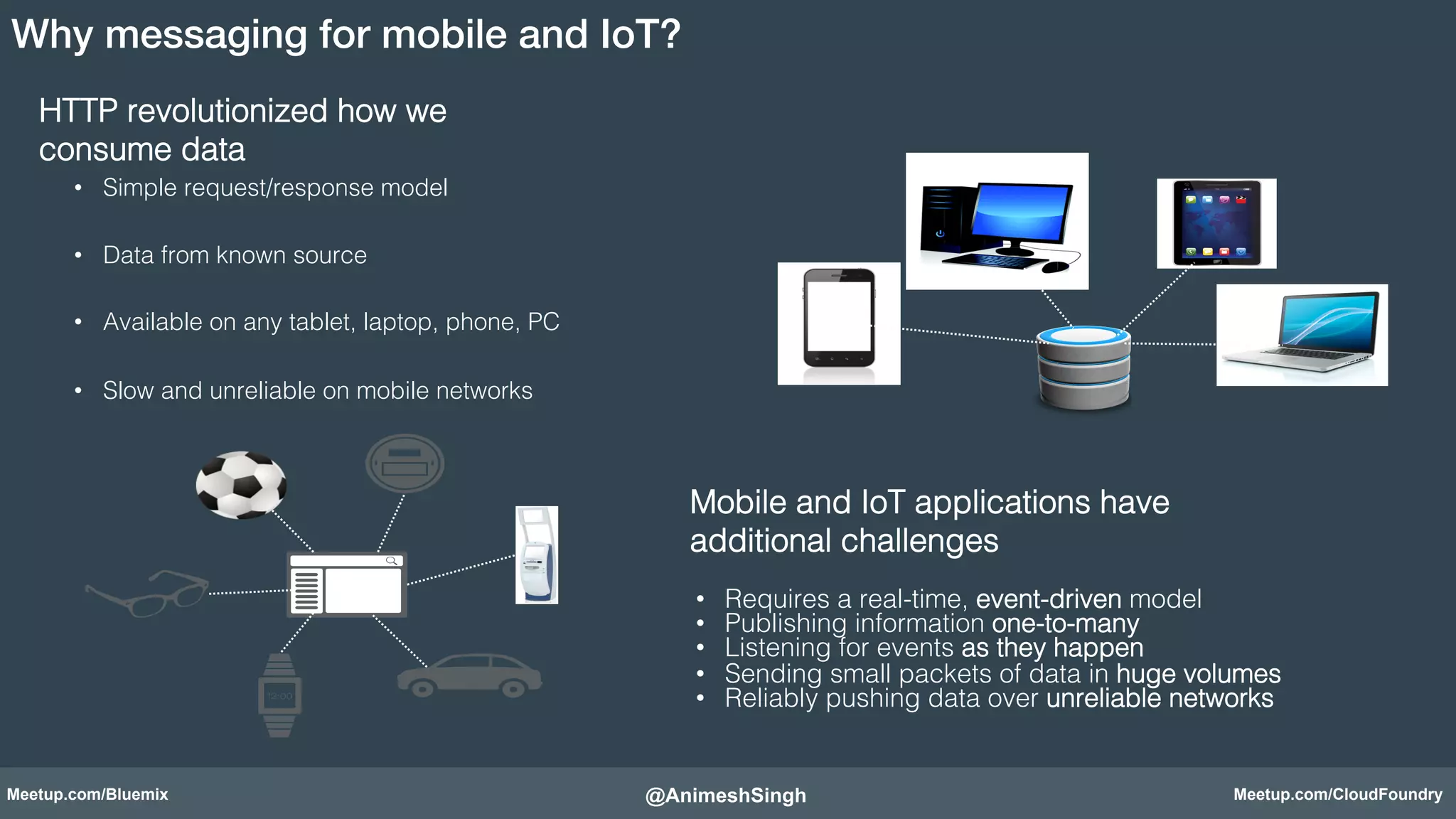 Why messaging for mobile and IoT?! 
HTTP revolutionized how we ! 
consume data! 
• Simple request/response model! 
• Data from known source! 
• Available on any tablet, laptop, phone, PC! 
• Slow and unreliable on mobile networks! 
Mobile and IoT applications have ! 
additional challenges! 
• Requires a real-time, event-driven model! 
• Publishing information one-to-many! 
• Listening for events as they happen! 
• Sending small packets of data in huge volumes! 
• Reliably pushing data over unreliable networks! 
@AnimeshSingh! 
Meetup.com/Bluemix Meetup.com/CloudFoundry 
 