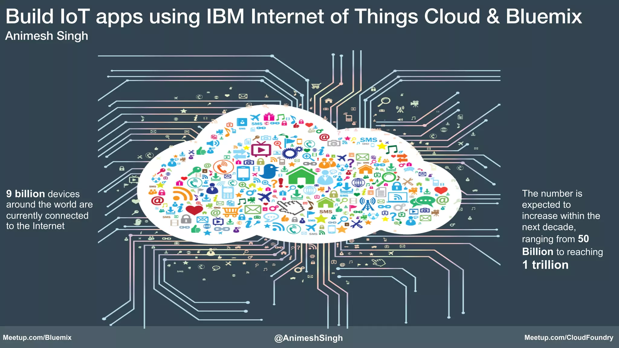 Build IoT apps using IBM Internet of Things Cloud & Bluemix! 
Animesh Singh! 
9 billion devices 
around the world are 
currently connected 
to the Internet 
The number is 
expected to 
increase within the 
next decade, 
ranging from 50 
Billion to reaching 
1 trillion 
@AnimeshSingh! 
Meetup.com/Bluemix Meetup.com/CloudFoundry 
 