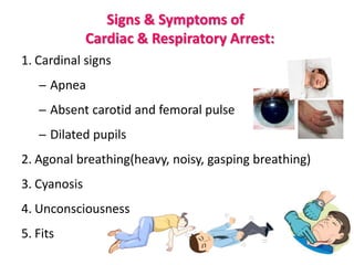 Signs & Symptoms of
Cardiac & Respiratory Arrest:
1. Cardinal signs
─ Apnea
─ Absent carotid and femoral pulse
─ Dilated pupils
2. Agonal breathing(heavy, noisy, gasping breathing)
3. Cyanosis
4. Unconsciousness
5. Fits
 