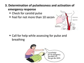3. Determination of pulselessness and activation of
emergency response
 Check for carotid pulse
 Feel for not more than 10 seconds
 Call for help while assessing for pulse and
breathing
 