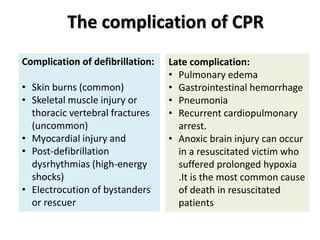 The complication of CPR
Complication of defibrillation:
• Skin burns (common)
• Skeletal muscle injury or
thoracic vertebral fractures
(uncommon)
• Myocardial injury and
• Post-defibrillation
dysrhythmias (high-energy
shocks)
• Electrocution of bystanders
or rescuer
Late complication:
• Pulmonary edema
• Gastrointestinal hemorrhage
• Pneumonia
• Recurrent cardiopulmonary
arrest.
• Anoxic brain injury can occur
in a resuscitated victim who
suffered prolonged hypoxia
.It is the most common cause
of death in resuscitated
patients
 