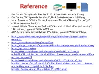 • https://www.slideshare.net/LanglenChanu/cardiopulmonary-resuscitation-
67246062
• https://www.ahajournals.org/journal/circ
• https://nhcps.com/course/acls-advanced-cardiac-life-support-certification-course/
• https://cpr.heart.org/en
• https://www.researchgate.net/publication/343224677_%27Hands-
only%27_CPR_training_for_school_children_A_comparison_study_among_differe
nt_class_groups%27
• https://www.researchgate.net/publication/342219155_Study_of_pre-
hospital_care_of_Out_of_Hospital_Cardiac_Arrest_victims_and_their_outcome_i
n_a_tertiary_care_hospital_in_India_Pre-
hospital_Cardiac_Arrest_REsuscitation_Pre-CARE_study
• Karl Disque, ”BLS provider handbook”,2016, Sartori continum Publishing
• Karl Disque, ”ACLS provider handbook”,2016, Sartori continum Publishing
• Jacob Annamma, “Clinical Nursing Procedures: The art of Nursing Practice”, 4th
edition, Jaypee Publications
• Janice L. Hinkle, “Brunner and Suddarth’s Textbook of Medical Surgical Nursing”,
14th edition , Lippincott Williams Wilkins
• ACLS Review made incredibly Easy, 2nd edition, Lippincott Williams Wilkins
 