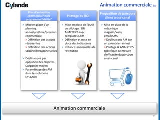 12
Animation commerciale 2/3
Pilotage du ROI
Proposition de parcours
client cross-canal
> Mise en place de l’outil
de pilotage : UR
ANALYTICS avec
Templates CRM
> Définition et mise en
place des indicateurs
> Instances mensuelles de
restitution
> Mise en place de la
mécanique
magasin/web/
email/SMS
> Déclinaisons AM sur
un calendrier annuel
> Pilotage & ANALYTICS
spécifique de mesure
d’efficacité du parcours
cross-canal
Animation commerciale
Plan d’animation
commercial “hors
programme fidélité”
> Mise en place d’un
planning
annuel/rythme/pression
commerciale
> Définition des actions
récurrentes
> Définition des actions
saisonnières/ponctuelles
> Déclinaisons par
opération des objectifs
CA/panier moyen
> Paramétrage des AM
dans les solutions
CYLANDE
 
