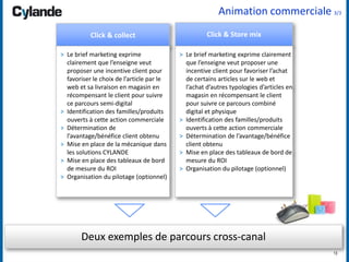 13
Animation commerciale 3/3
Click & collect Click & Store mix
> Le brief marketing exprime
clairement que l’enseigne veut
proposer une incentive client pour
favoriser le choix de l’article par le
web et sa livraison en magasin en
récompensant le client pour suivre
ce parcours semi-digital
> Identification des familles/produits
ouverts à cette action commerciale
> Détermination de
l’avantage/bénéfice client obtenu
> Mise en place de la mécanique dans
les solutions CYLANDE
> Mise en place des tableaux de bord
de mesure du ROI
> Organisation du pilotage (optionnel)
> Le brief marketing exprime clairement
que l’enseigne veut proposer une
incentive client pour favoriser l’achat
de certains articles sur le web et
l’achat d’autres typologies d’articles en
magasin en récompensant le client
pour suivre ce parcours combiné
digital et physique
> Identification des familles/produits
ouverts à cette action commerciale
> Détermination de l’avantage/bénéfice
client obtenu
> Mise en place des tableaux de bord de
mesure du ROI
> Organisation du pilotage (optionnel)
Deux exemples de parcours cross-canal
 