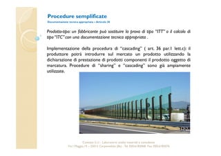Procedure semplificate 
Documentazione tecnica appropriata – Articolo 38 
Prodotto-tipo: un fabbricante può sostituire la prova di tipo “ITT” o il calcolo di 
tipo “ITC” con una documentazione tecnica appropriata . 
Implementazione della procedura di “cascading” ( art. 36 par.1 lett.c): il 
produttore potrà introdurre sul mercato un prodotto utilizzando la 
dichiarazione di prestazione di prodotti componenti il prodotto oggetto di 
marcatura. Procedure di “sharing” e “cascading” sono già ampiamente 
utilizzate. 
Cavetest S.r.l. - Laboratorio analisi materiali e consulenza 
Via I Maggio,19 – 25013 Carpenedolo (Bs) - Tel. 030.6182068- Fax. 030.6182076 
