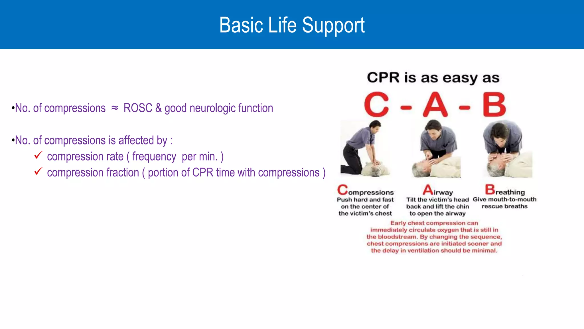 Basic Life Support
•No. of compressions ≈ ROSC & good neurologic function
•No. of compressions is affected by :
 compression rate ( frequency per min. )
 compression fraction ( portion of CPR time with compressions )
 