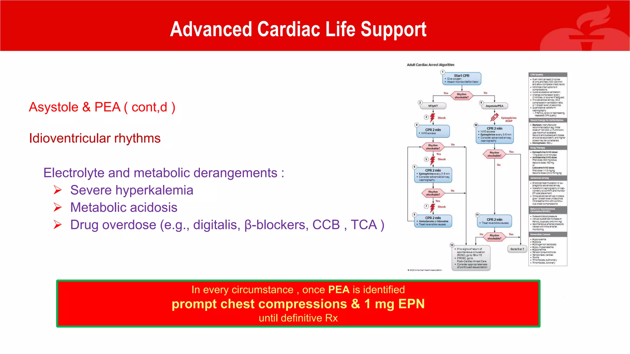 Advanced Cardiac Life Support
Asystole & PEA ( cont,d )
Idioventricular rhythms
Electrolyte and metabolic derangements :
 Severe hyperkalemia
 Metabolic acidosis
 Drug overdose (e.g., digitalis, β-blockers, CCB , TCA )
In every circumstance , once PEA is identified
prompt chest compressions & 1 mg EPN
until definitive Rx
 