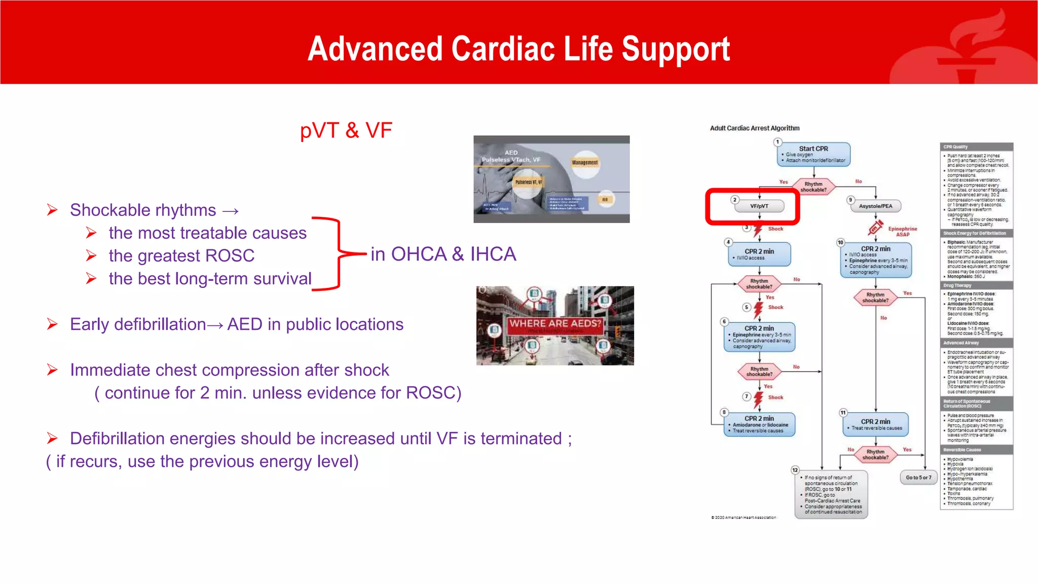 Advanced Cardiac Life Support
pVT & VF
 Shockable rhythms →
 the most treatable causes
 the greatest ROSC
 the best long-term survival
 Early defibrillation→ AED in public locations
 Immediate chest compression after shock
( continue for 2 min. unless evidence for ROSC)
 Defibrillation energies should be increased until VF is terminated ;
( if recurs, use the previous energy level)
in OHCA & IHCA
 