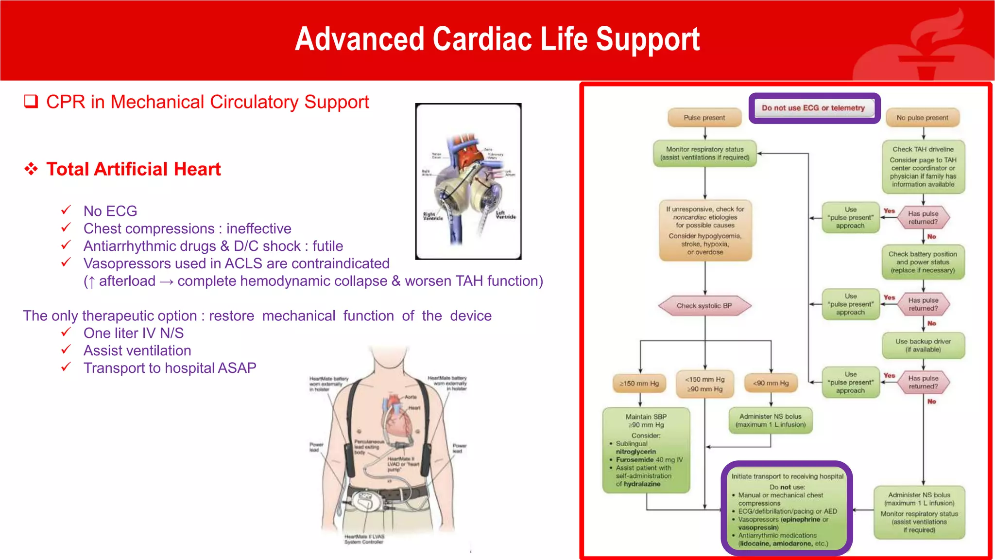 Advanced Cardiac Life Support
 CPR in Mechanical Circulatory Support
 Total Artificial Heart
 No ECG
 Chest compressions : ineffective
 Antiarrhythmic drugs & D/C shock : futile
 Vasopressors used in ACLS are contraindicated
(↑ afterload → complete hemodynamic collapse & worsen TAH function)
The only therapeutic option : restore mechanical function of the device
 One liter IV N/S
 Assist ventilation
 Transport to hospital ASAP
 