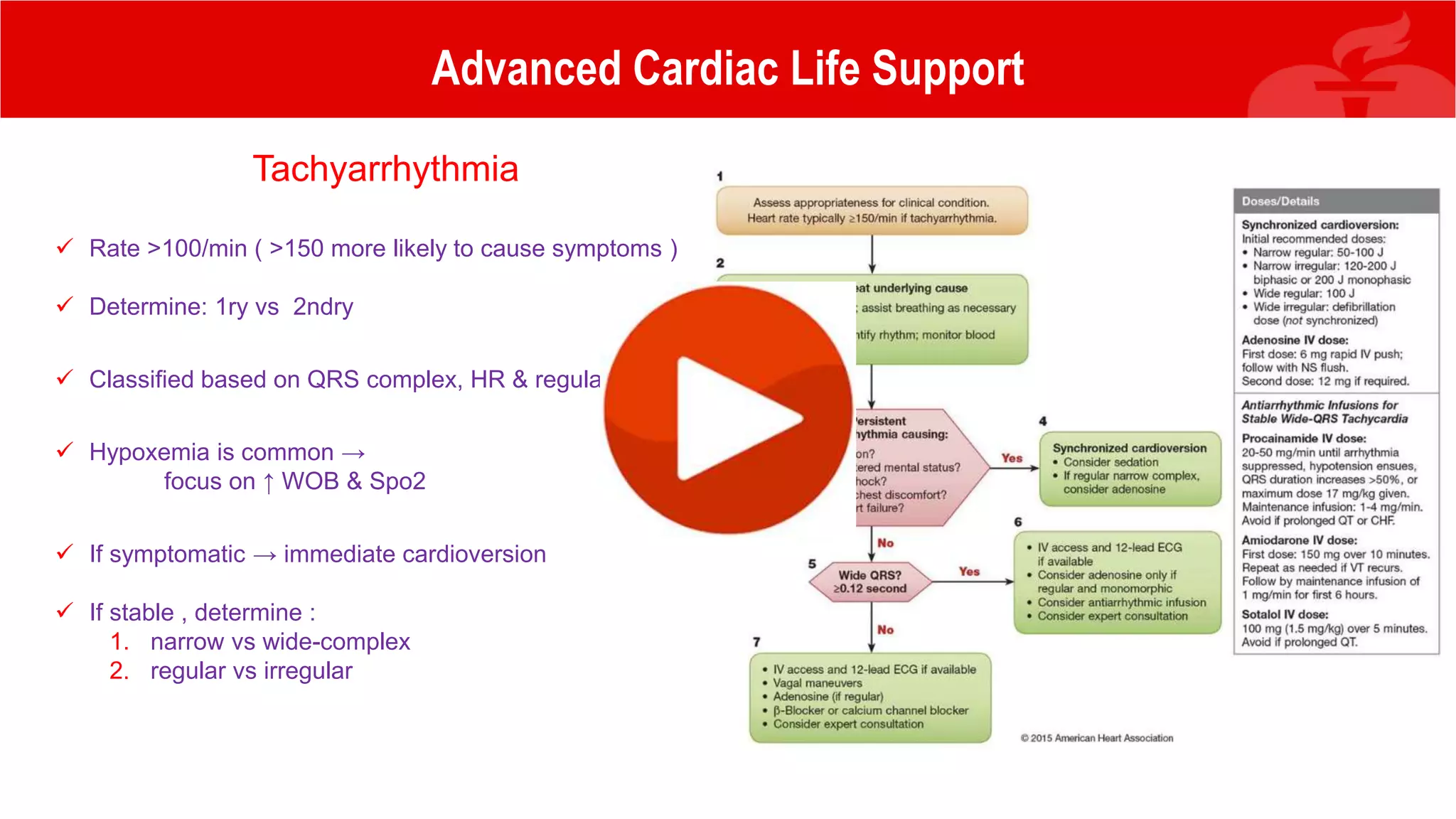 Advanced Cardiac Life Support
Tachyarrhythmia
 Rate >100/min ( >150 more likely to cause symptoms )
 Determine: 1ry vs 2ndry
 Classified based on QRS complex, HR & regularity
 Hypoxemia is common →
focus on ↑ WOB & Spo2
 If symptomatic → immediate cardioversion
 If stable , determine :
1. narrow vs wide-complex
2. regular vs irregular
 