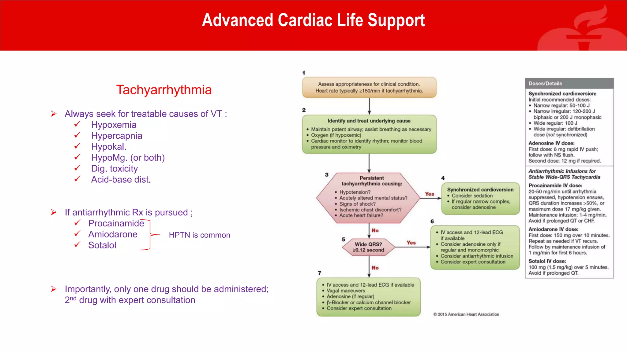 Advanced Cardiac Life Support
Tachyarrhythmia
 Always seek for treatable causes of VT :
 Hypoxemia
 Hypercapnia
 Hypokal.
 HypoMg. (or both)
 Dig. toxicity
 Acid-base dist.
 If antiarrhythmic Rx is pursued ;
 Procainamide
 Amiodarone
 Sotalol
 Importantly, only one drug should be administered;
2nd drug with expert consultation
HPTN is common
 