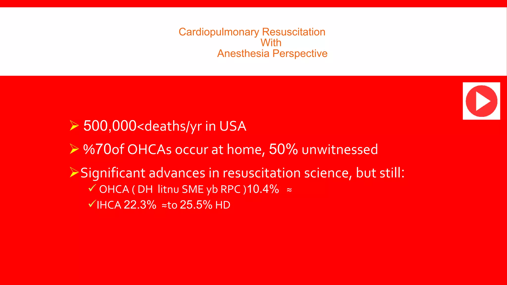 Cardiopulmonary Resuscitation
With
Anesthesia Perspective
 >
500,000 deaths/yr in USA
 70
% of OHCAs occur at home, 50% unwitnessed
Significant advances in resuscitation science, but still:
 OHCA ≈
10.4%
) DH litnu SME yb RPC (
IHCA ≈
22.3% to 25.5% HD
 