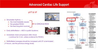 Advanced Cardiac Life Support
pVT & VF
 Shockable rhythms →
 the most treatable causes
 the greatest ROSC
 the best long-term survival
 Early defibrillation→ AED in public locations
 Immediate chest compression after shock
( continue for 2 min. unless evidence for ROSC)
 Defibrillation energies should be increased until VF is terminated ;
( if recurs, use the previous energy level)
in OHCA & IHCA
 