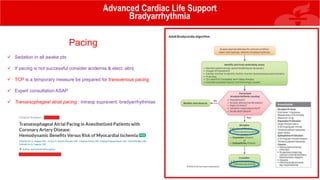 Pacing
 Sedation in all awake pts
 If pacing is not successful consider acidemia & elect. abnl.
 TCP is a temporary measure be prepared for transvenous pacing
 Expert consultation ASAP
 Transesophageal atrial pacing : Intraop supravent. bradyarrhythmias
Advanced Cardiac Life Support
Bradyarrhythmia
 