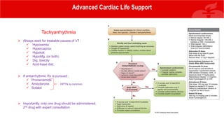 Advanced Cardiac Life Support
Tachyarrhythmia
 Always seek for treatable causes of VT :
 Hypoxemia
 Hypercapnia
 Hypokal.
 HypoMg. (or both)
 Dig. toxicity
 Acid-base dist.
 If antiarrhythmic Rx is pursued ;
 Procainamide
 Amiodarone
 Sotalol
 Importantly, only one drug should be administered;
2nd drug with expert consultation
HPTN is common
 