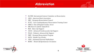 5
Abbreviations used in this presentation
 ILCOR: International Liaison Committee on Resuscitation
 AHA : American Heart Association
 ERC : European Resuscitation Council
 FCTC : Fars Cardiopulmonary Resuscitation Training Center
 OHCA : Out of Hospital Cardiac Arrest
 IHCAtserrA caidraC latipsoH nI :
 BLS :Basic Life Support
 ACLS :Advanced Cardiovascular Life Support
 PALS : Pediatric Advanced Life Support
 NRP : Neonatal Resuscitation Program
 HCW : Health Care Worker
 AED :Automated External Defibrillator
 ROSC : Return Of Spontaneous Circulation
Abbreviation
s
 