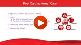 Post Cardiac Arrest Care
 Hypoxemia , ischemia & reperfusion → MODS
 PCAC :
 Dx. & Rx. of Cause of cardiac arrest
 Assessment & mitigation of ischemia-reperfusion injury
 Severity vary widely among organ systems & pts
 Care must be tailored
 