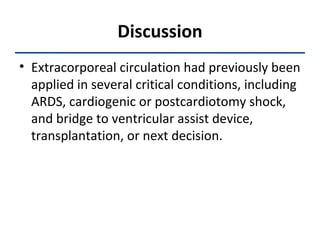 Discussion Extracorporeal circulation had previously been applied in several critical conditions, including ARDS, cardiogenic or postcardiotomy shock, and bridge to ventricular assist device, transplantation, or next decision. 