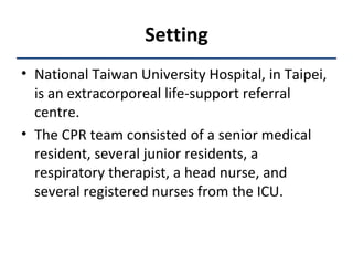 Setting National Taiwan University Hospital, in Taipei, is an extracorporeal life-support referral centre. The CPR team consisted of a senior medical resident, several junior residents, a respiratory therapist, a head nurse, and several registered nurses from the ICU. 